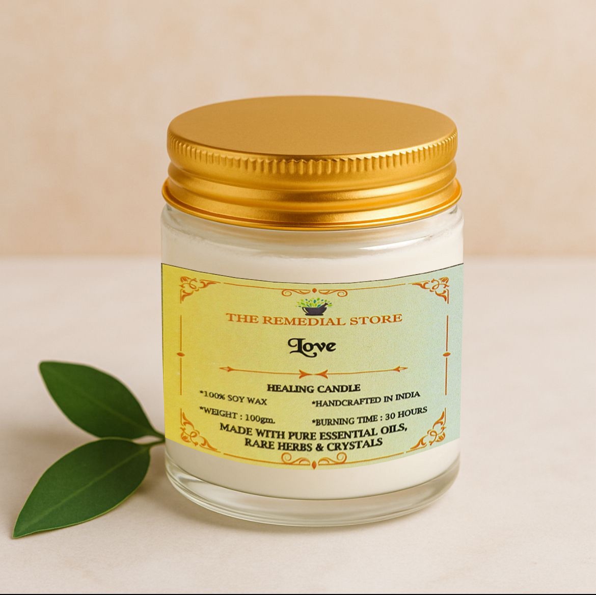 Love Healing Candle – 100% Soy Wax, 100g – Made with Essential Oils, Herbs & Crystals – 30-Hour Burn || The Remedial Store